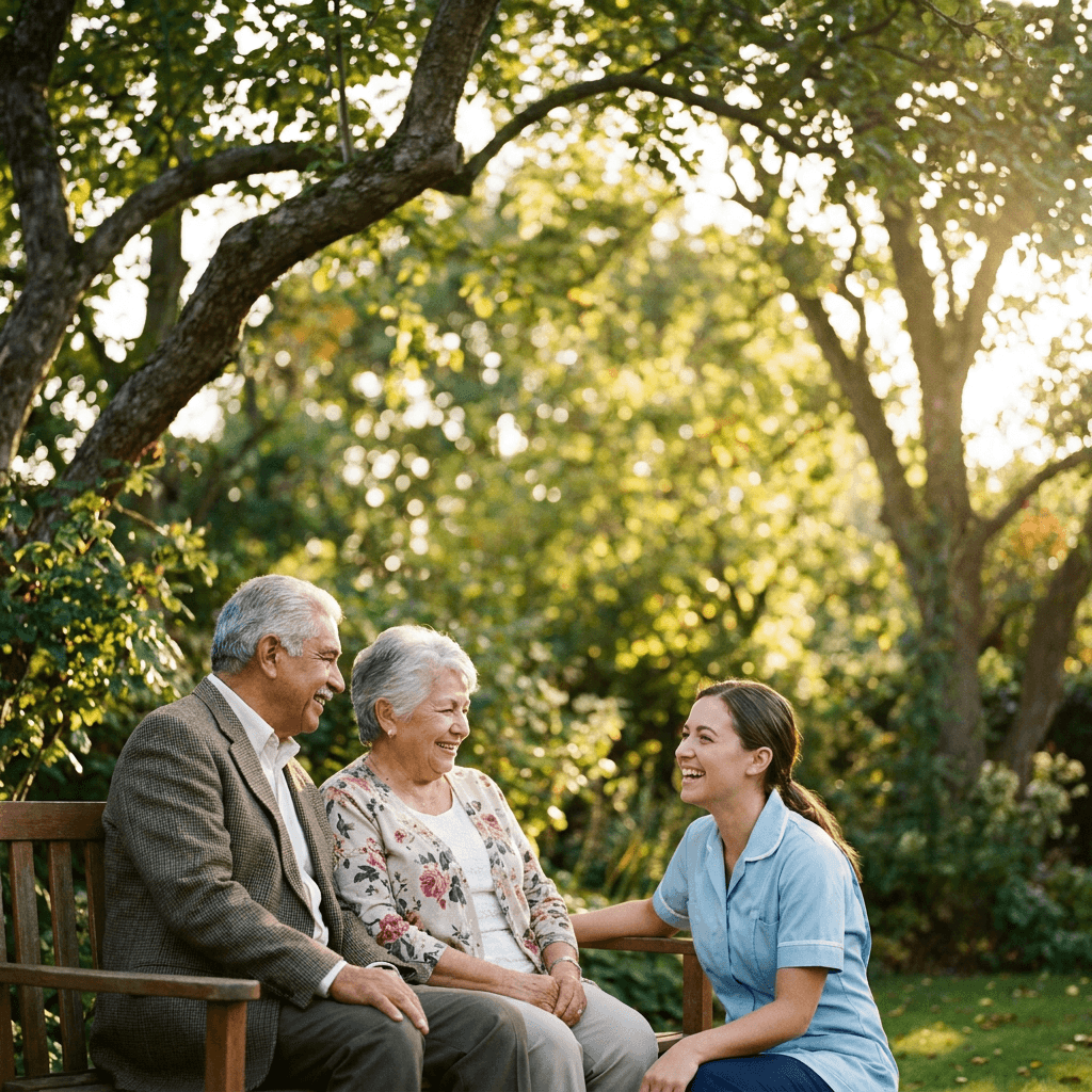 Adultos mayores felices con cuidadora en un jardín soleado